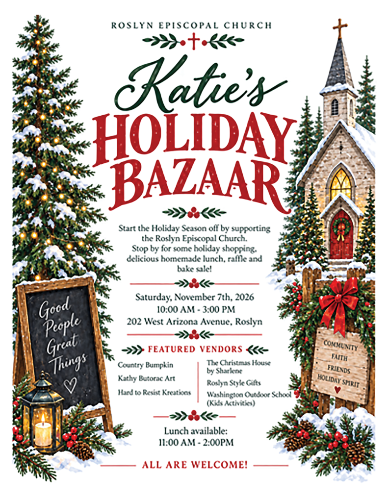 Katie’s Holiday Bazaar promotional flyer for Saturday, November 7, 2026, at the Roslyn Episcopal Church