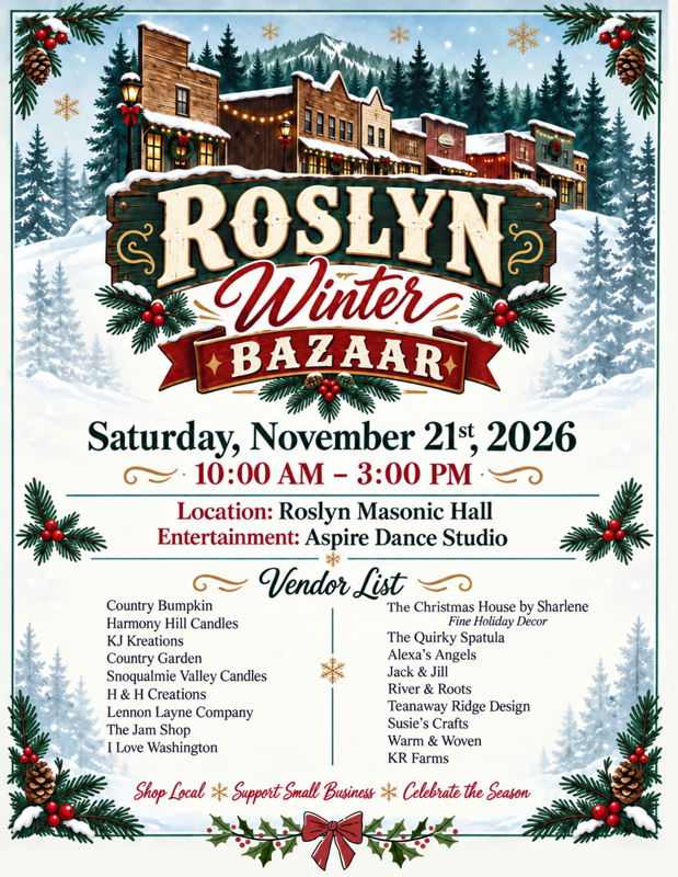 Roslyn Winter Bazaar promotional flyer for Saturday, November 21, 2026, at Roslyn Masonic Hall